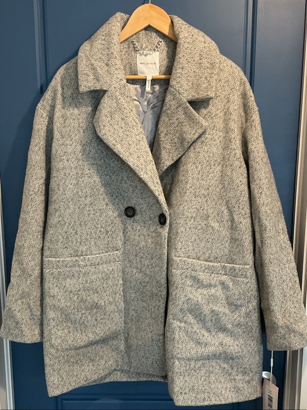 Avec Les Filles Gray Double-Breasted Wool Pea Coat
